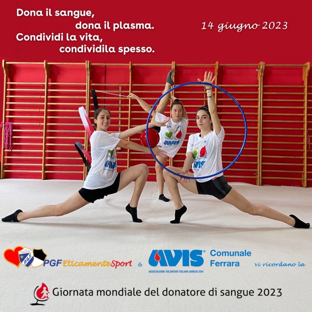 Le ginnaste della sezione ritmica della Palestra Ginnastica Ferrara, in posa per la Giornata mondiale del donatore di sangue 2023.